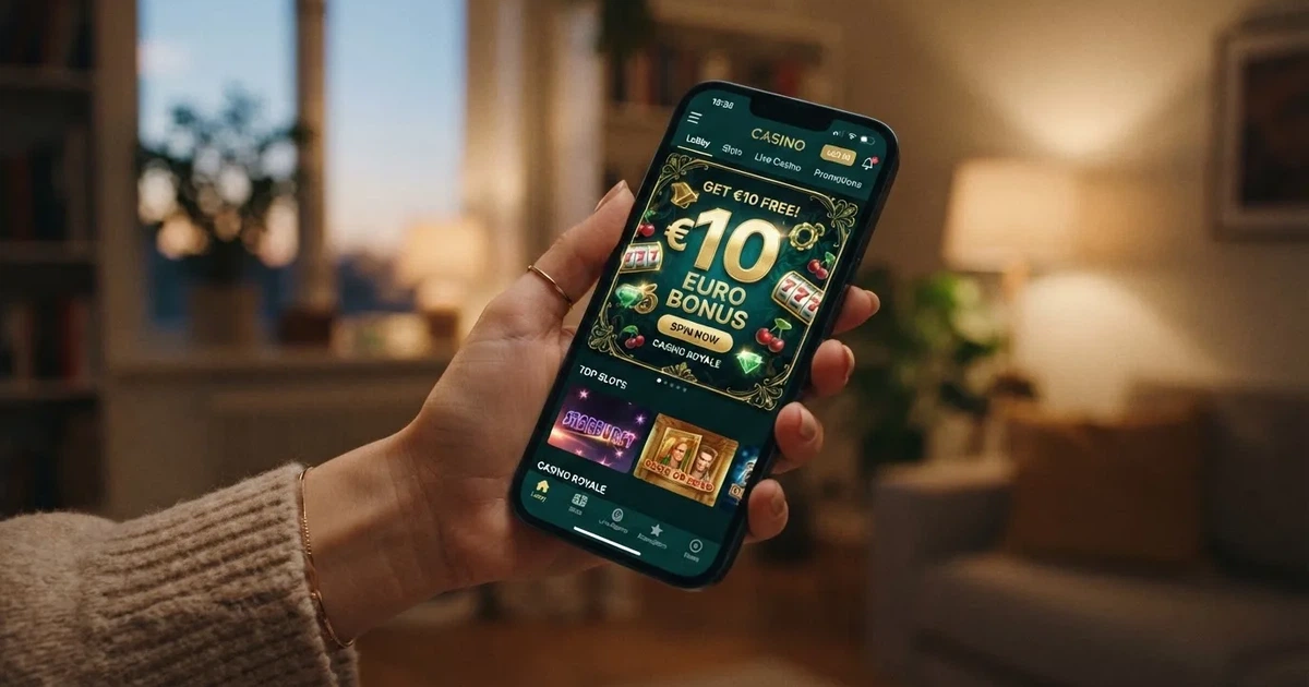 Mano sosteniendo un móvil con la pantalla de un casino online español mostrando un bono de 10 euros sin depósito