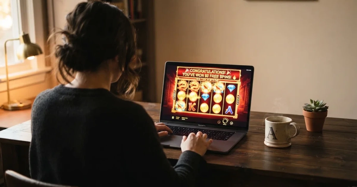 Un jugador frente a la pantalla de un casino online español con una notificación de 88 giros gratis activados, sin tarjeta de crédito a la vista