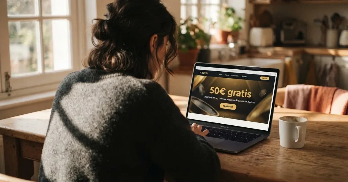 Jugador consultando una página de casino online en una pantalla con el texto «50€ gratis sin depósito» visible en la interfaz