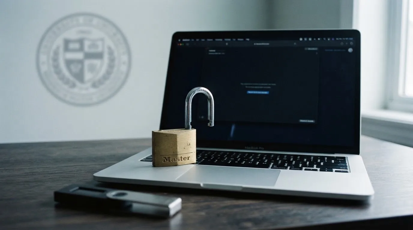 Un candado abierto sobre el teclado de un portátil, con el logo de la DGOJ difuminado al fondo y la silueta de una cartera de criptomonedas en primer plano