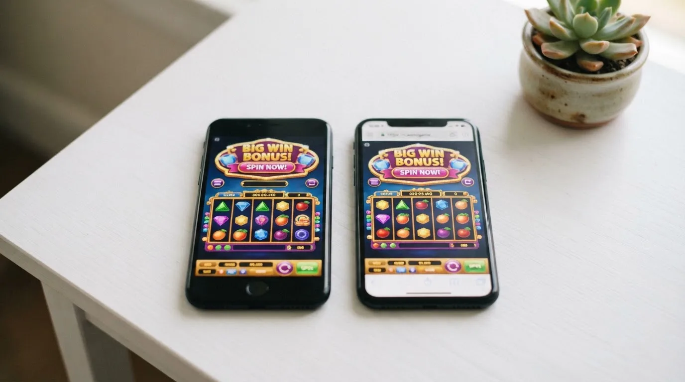 Un mismo teléfono mostrando a la izquierda una app de casino abierta y a la derecha el navegador del móvil con el mismo casino cargado, pantalla dividida.