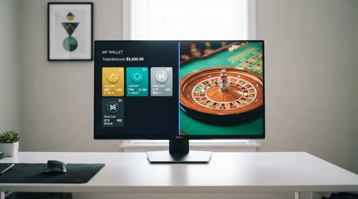 Una wallet de criptomonedas en una pantalla de ordenador junto a la interfaz de un casino online, con representaciones visuales de Bitcoin, Ethereum y USDT