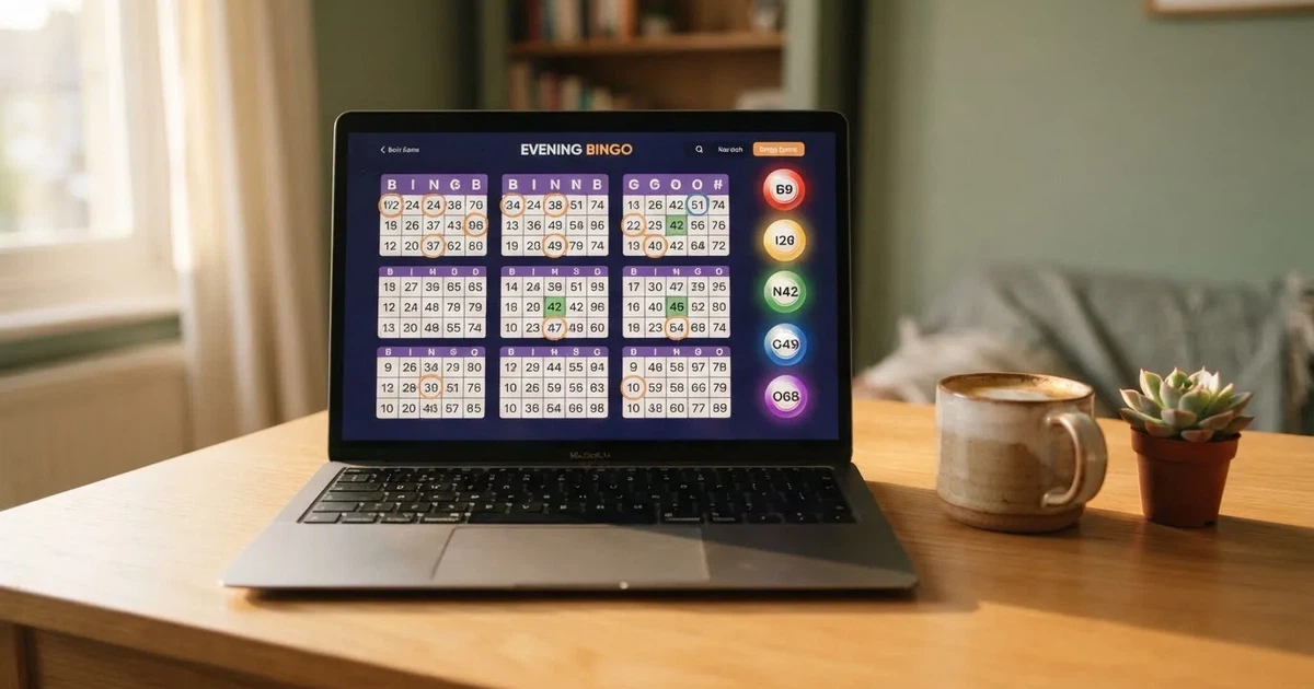 Sala de bingo online con cartones virtuales en una interfaz de casino español, mostrando el sorteo de números en pantalla