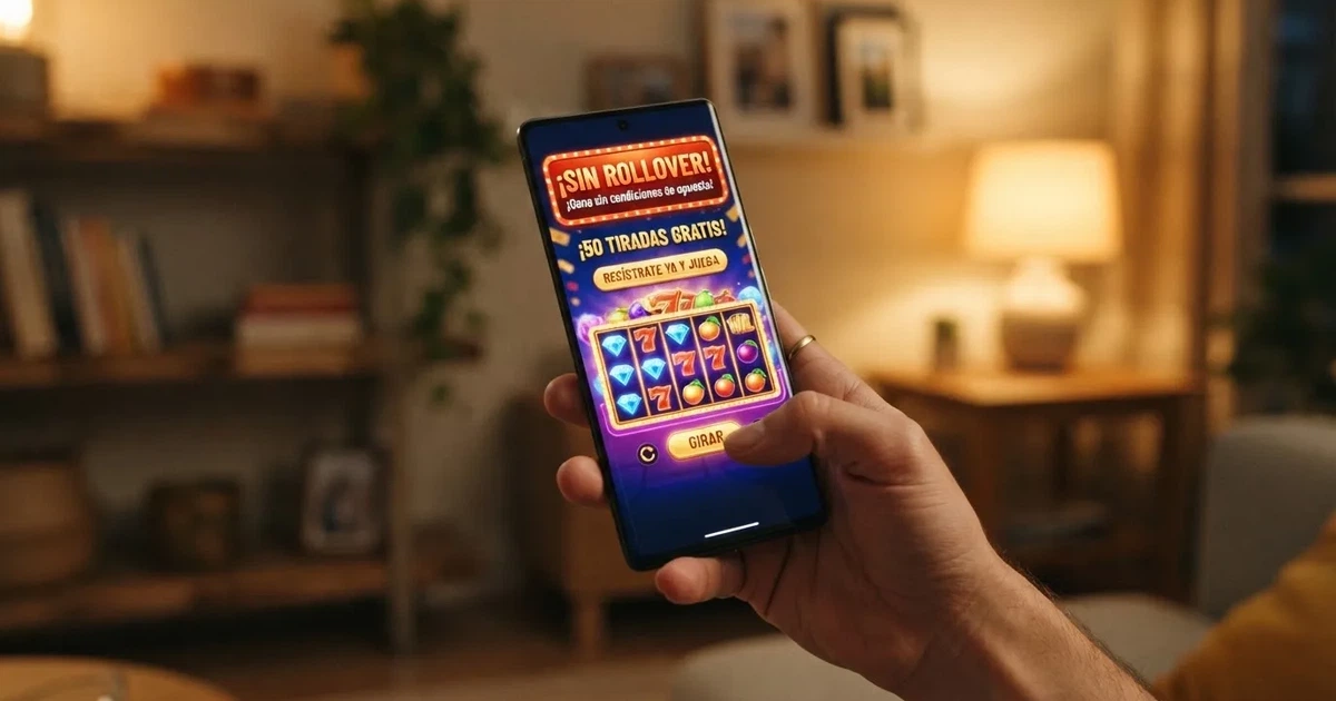 Mano sosteniendo un teléfono móvil con la pantalla mostrando la interfaz de un casino online español con la etiqueta «sin rollover» destacada sobre una oferta de giros gratis