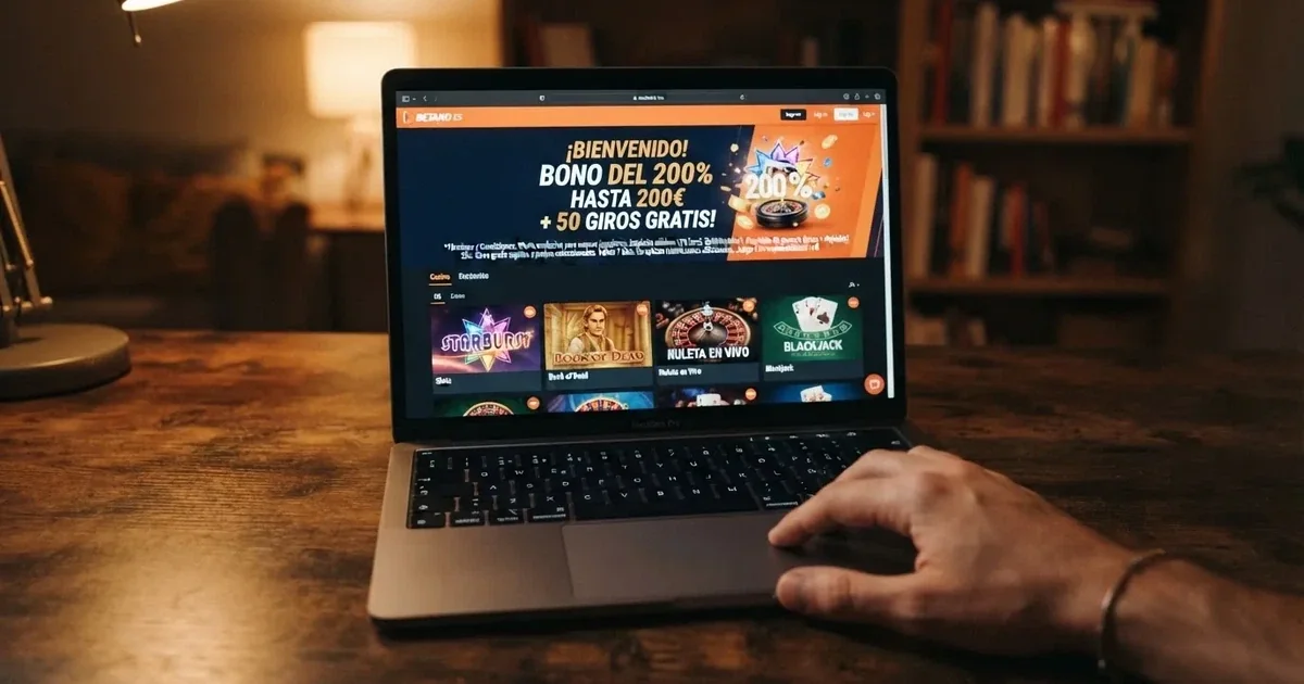 Pantalla de un casino online español mostrando una oferta de bono de bienvenida del 200% con sus condiciones visibles.