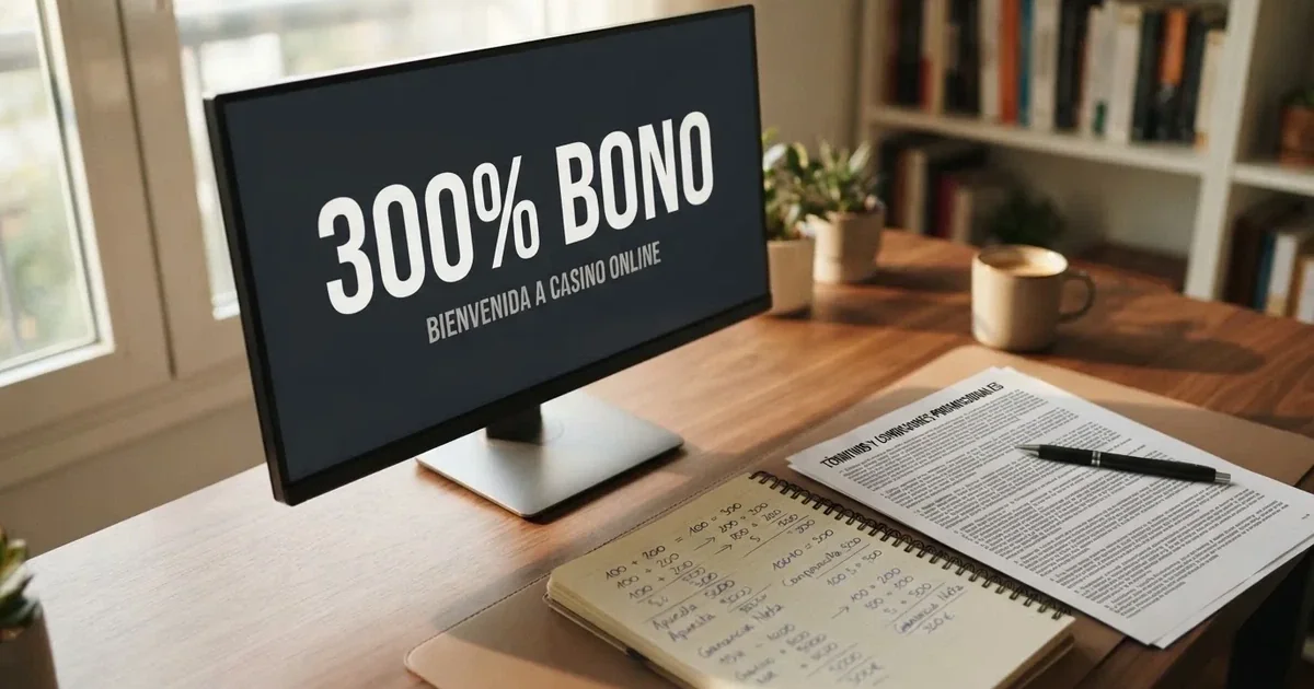 Un ordenador con la pantalla mostrando una calculadora junto a la frase «300% bono» y un documento de términos y condiciones.