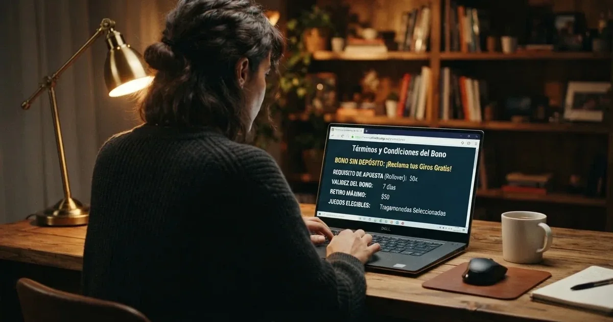 Jugador consultando las condiciones de un bono sin depósito en la pantalla de un casino online español con el símbolo de candado de la DGOJ visible