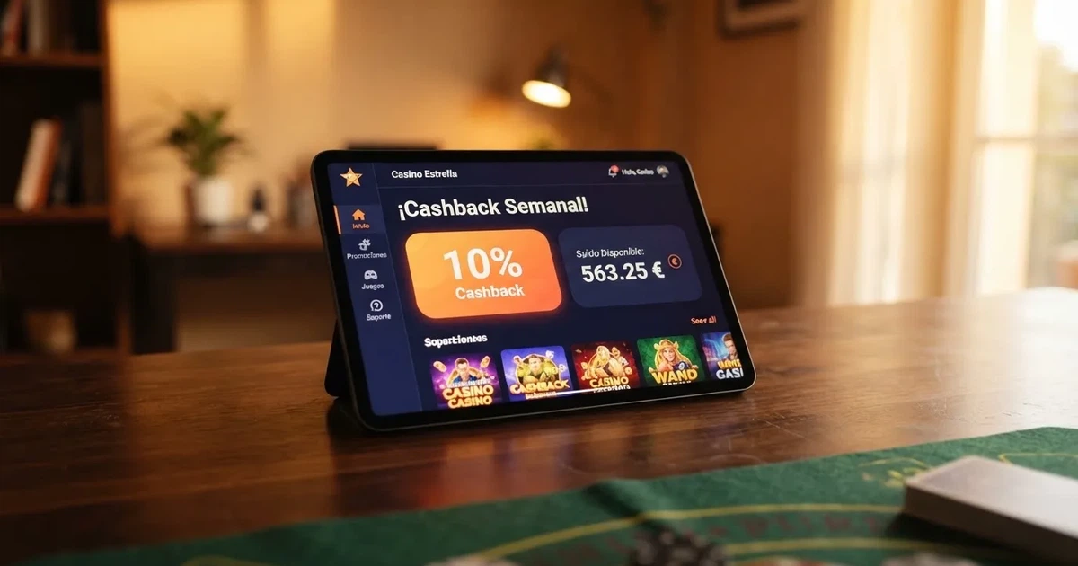 Interfaz de un casino online español mostrando el panel de cashback semanal con el porcentaje de reembolso y el saldo acreditado