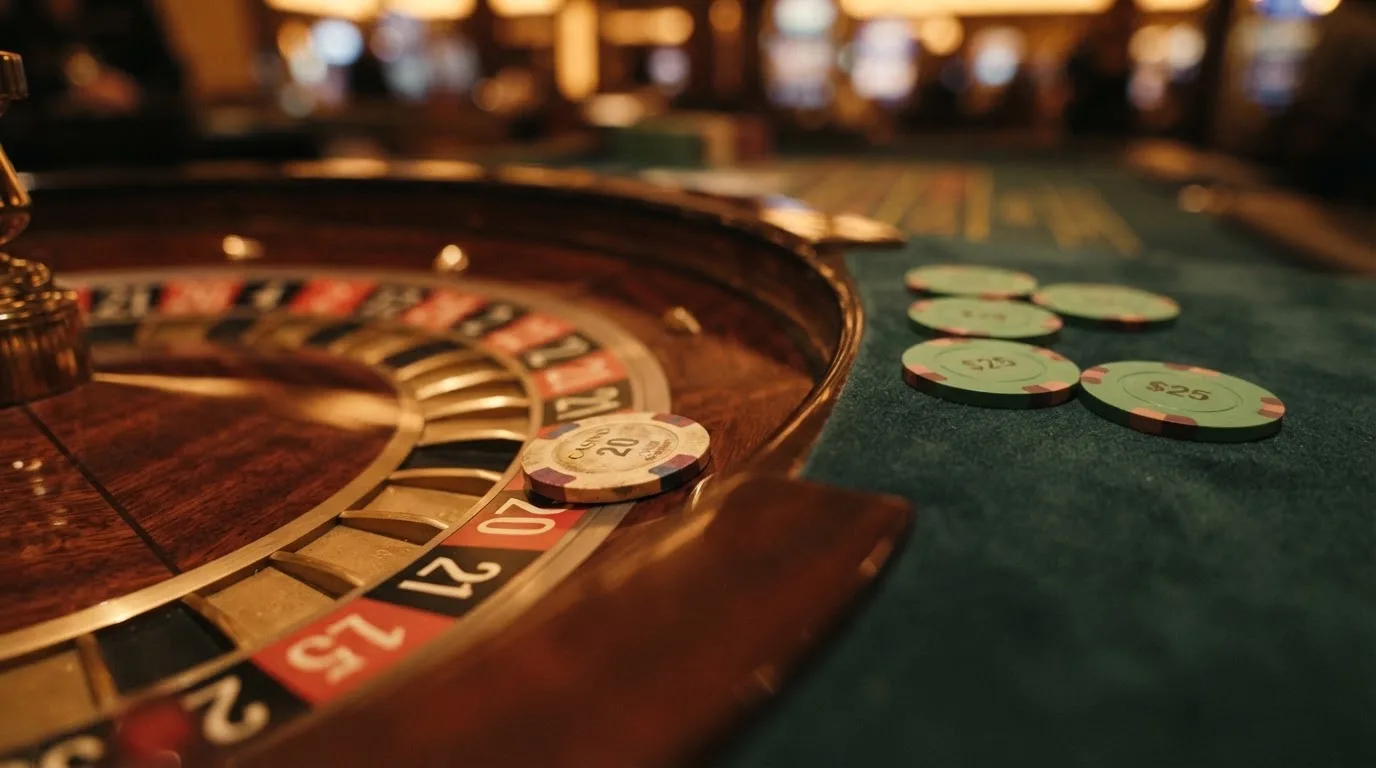Primer plano de una ruleta de casino y fichas con el logotipo de Litecoin, junto a un texto que dice «Bono de bienvenida» tachado y reescrito como «Lee el rollover»