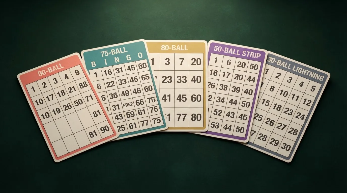 Cinco cartones de bingo online correspondientes a las variantes de 90, 75, 80, 50 y 30 bolas, cada uno con su estructura de casillas y números característica