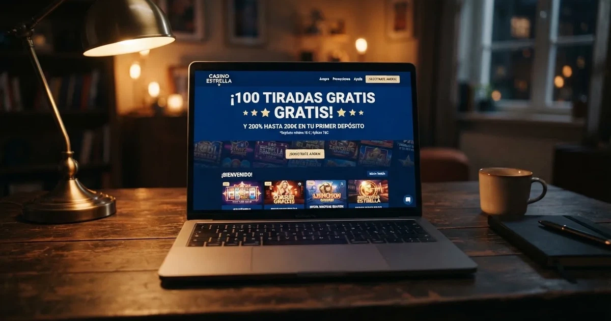 Un jugador frente a una pantalla con la página de promociones de un casino online español, donde se lee «100 tiradas gratis» en grande y «depósito mínimo 10 €» en letra pequeña debajo.