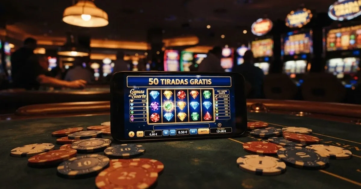 Un móvil mostrando una pantalla de casino online con fichas de póquer y el texto «50 tiradas gratis» sobre un fondo de tragaperras