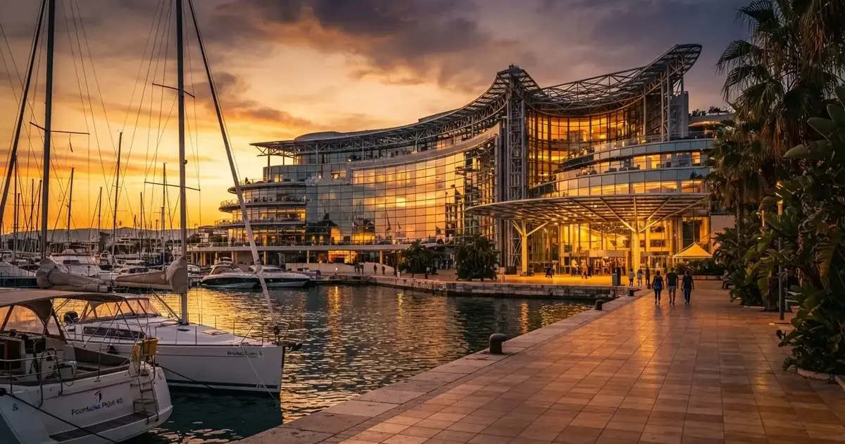 Fachada del Casino Barcelona en Port Olímpic al atardecer, con la estructura acristalada frente al puerto deportivo