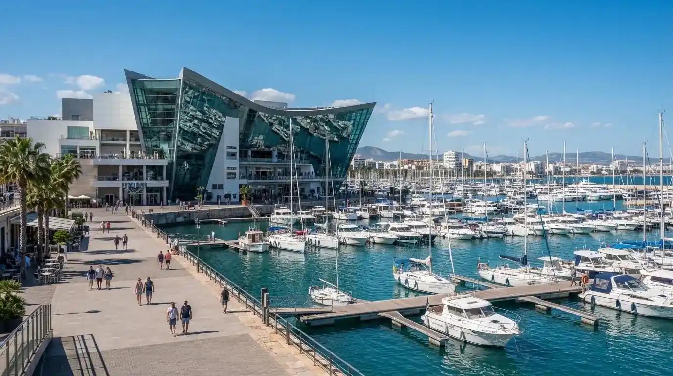 Vista exterior del edificio del Casino Barcelona junto al puerto, con los barcos del Port Olímpic al fondo