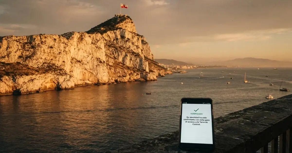 El peñón de Gibraltar al atardecer con la bandera gibraltareña, visto desde la bahía, y superpuesto en primer plano un teléfono móvil mostrando la pantalla de verificación de licencia de un casino online