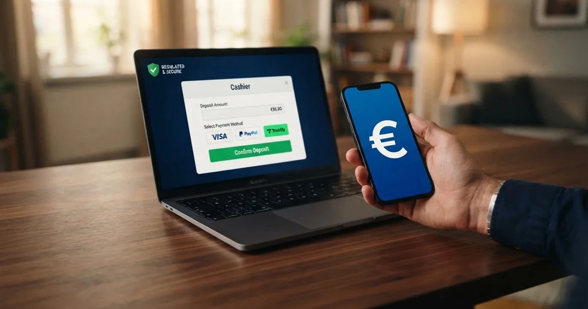 Un jugador frente a la pantalla de un ordenador consultando el cajero de un casino online con el logotipo de la DGOJ visible; sobre la mesa, un billete de un euro y un teléfono móvil con la app de Bizum abierta