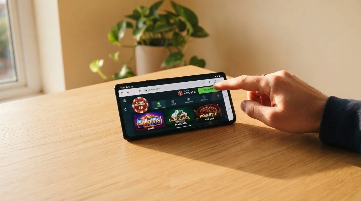 Mano sosteniendo un teléfono móvil con la interfaz de un casino online abierta en el navegador, mostrando la opción de depósito con LTC