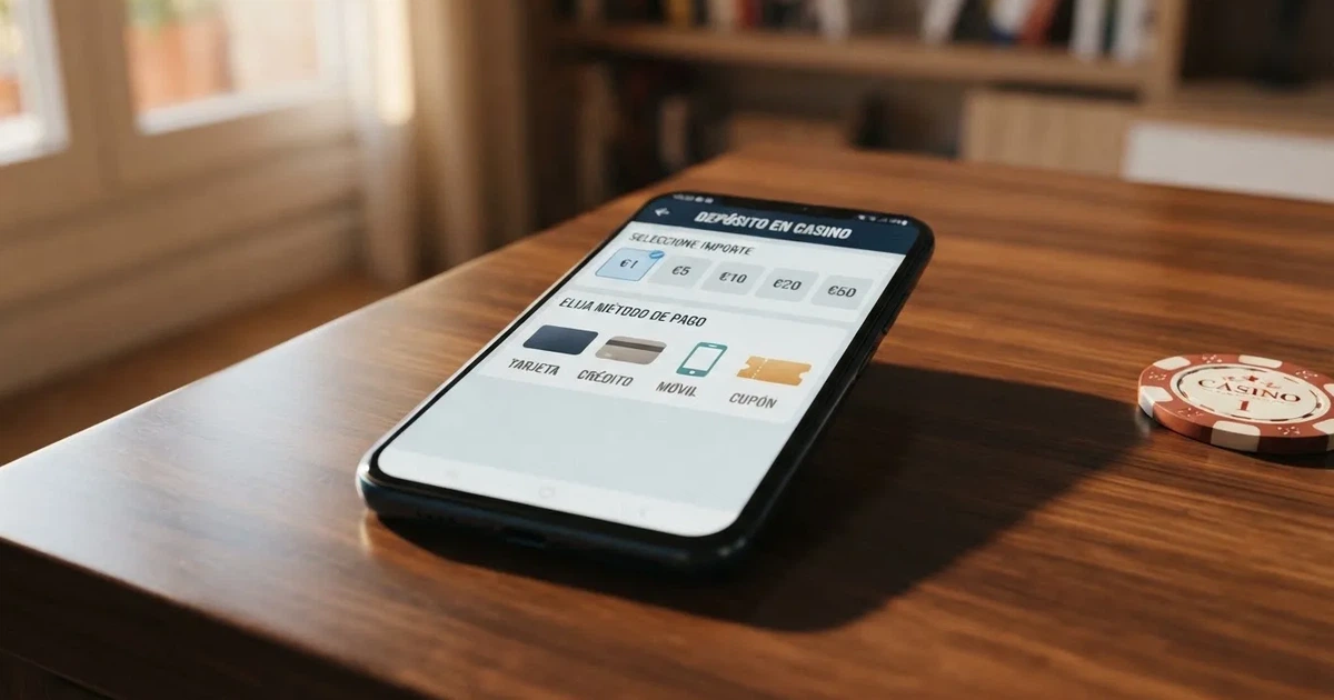 Pantalla de depósito de un casino online español mostrando las opciones de ingreso con el importe de 1 euro seleccionado junto a los logos de Bizum, Visa y Paysafecard