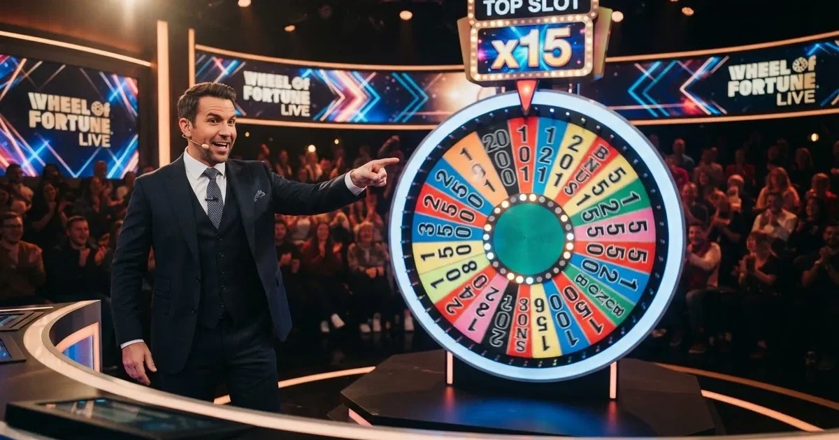 Una rueda de Crazy Time en pleno giro con el presentador en directo, los segmentos de colores iluminados y el multiplicador del Top Slot visible en pantalla.