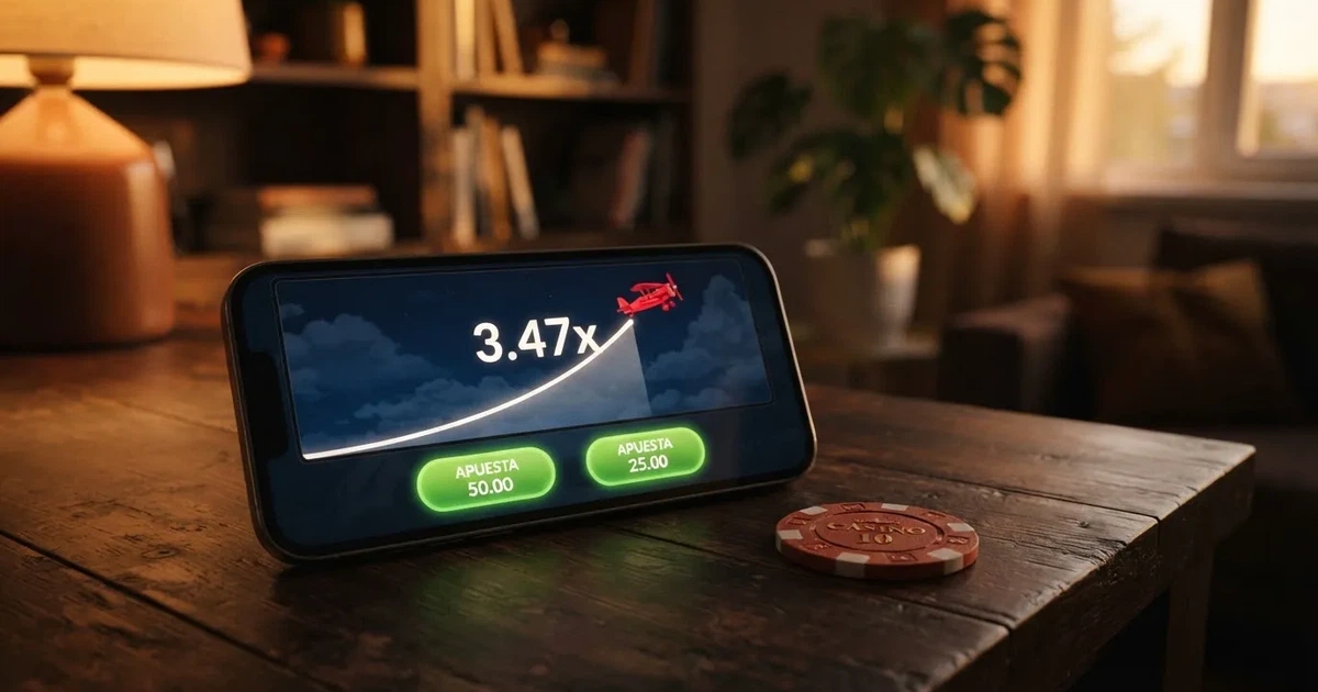 Interfaz del juego Aviator de Spribe con el avión en pleno vuelo, el multiplicador creciendo en pantalla y los botones de apuesta y cashout visibles