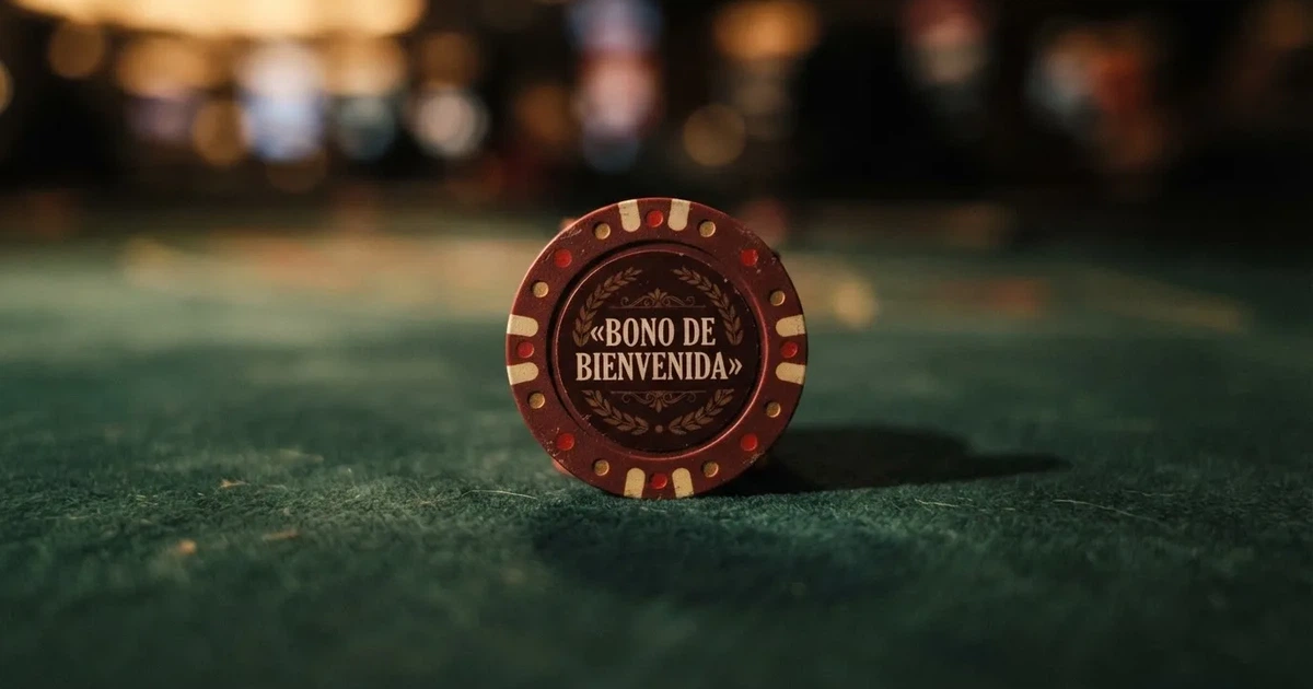 Ficha de bienvenida de un casino online español con el texto «bono de bienvenida» sobre un fondo de mesa de juego