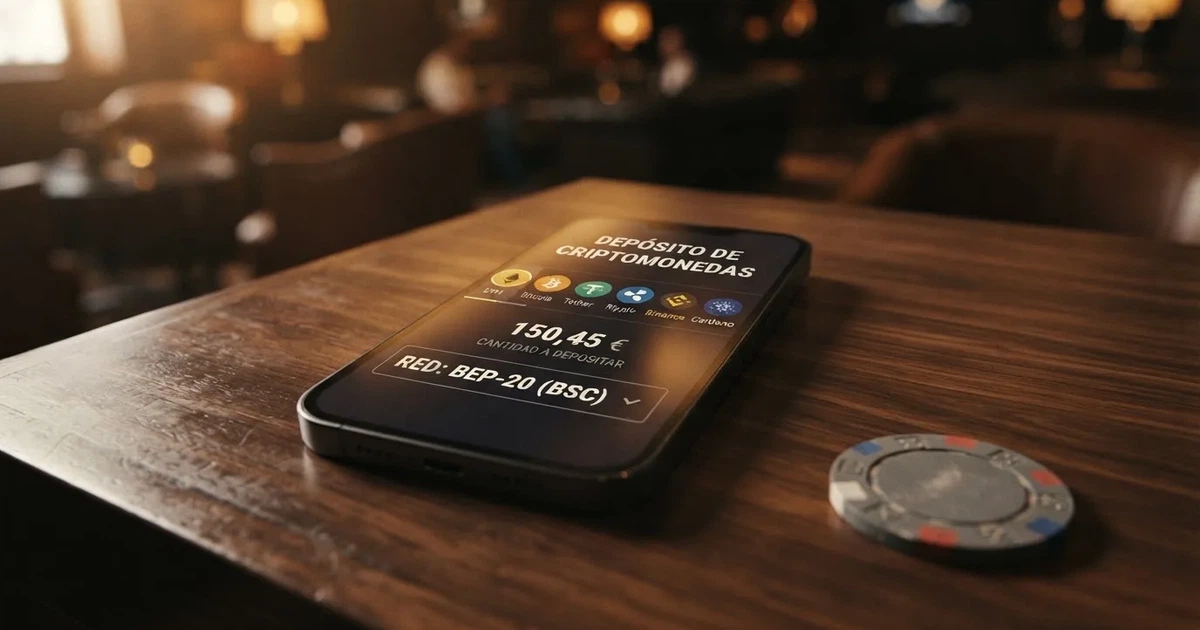 Interfaz de un casino online mostrando la opción de depósito con Binance Coin (BNB) junto a otras criptomonedas