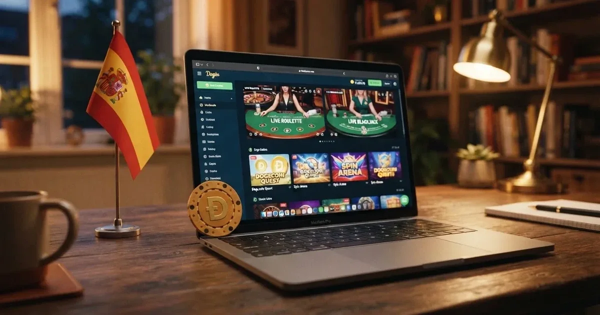 Un monedero digital mostrando el logotipo de Dogecoin junto a la pantalla de un casino online en un ordenador portátil, con la bandera de España visible en la interfaz