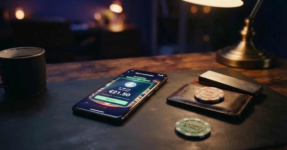 Cartera digital de criptomonedas junto a la pantalla de un casino online mostrando la opción de depósito con Litecoin