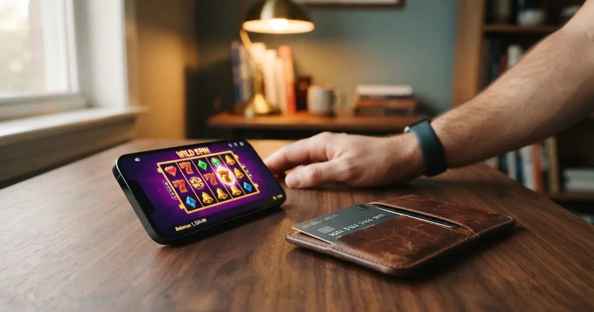 Escritorio con un teléfono mostrando la pantalla de un casino online, un monedero de criptomonedas abierto y el logotipo de XRP visible en ambas interfaces