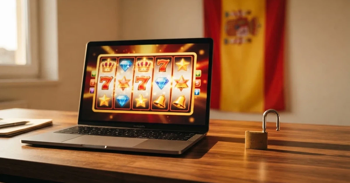 Interfaz de un casino online con un candado abierto y la bandera de España visible en segundo plano