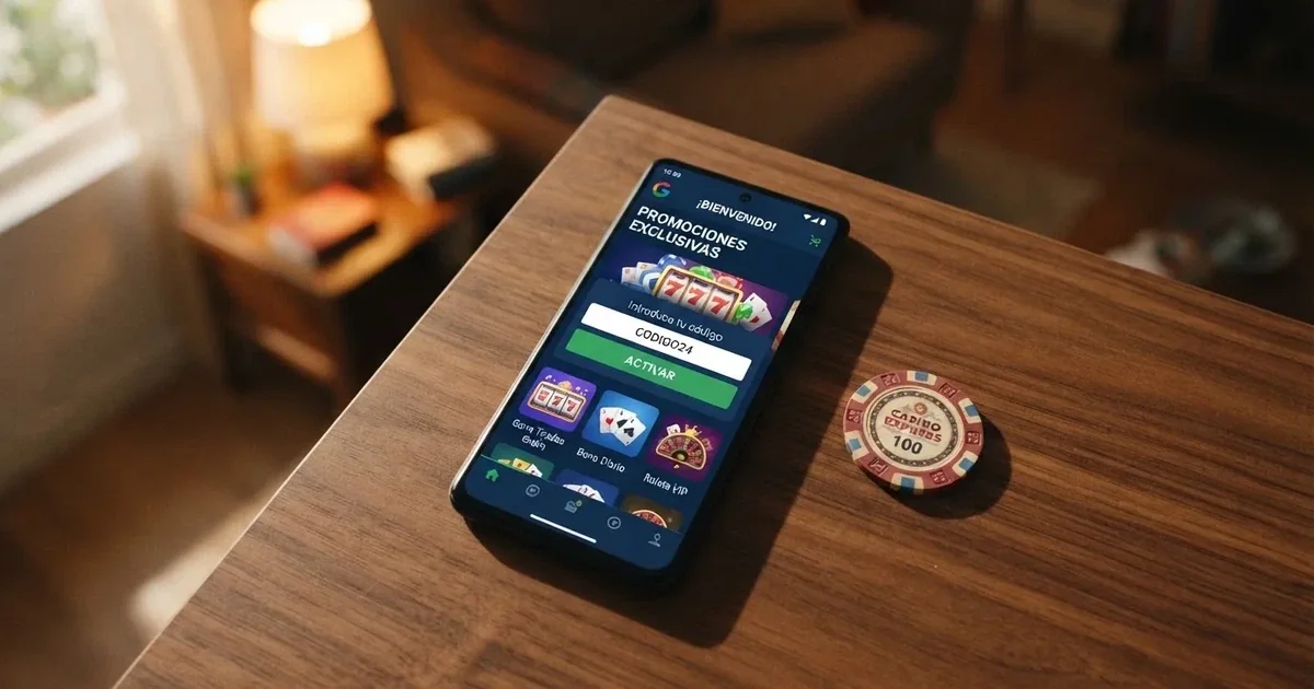 Primer plano de una pantalla de móvil mostrando la sección de promociones de un casino online español con el campo «código promocional» visible y una tarjeta de crédito junto al teléfono