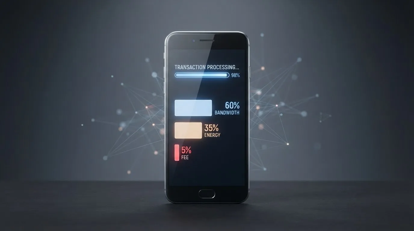 Representación visual del flujo de una transacción TRC-20 mostrando energía, bandwidth y comisión en una wallet TRON