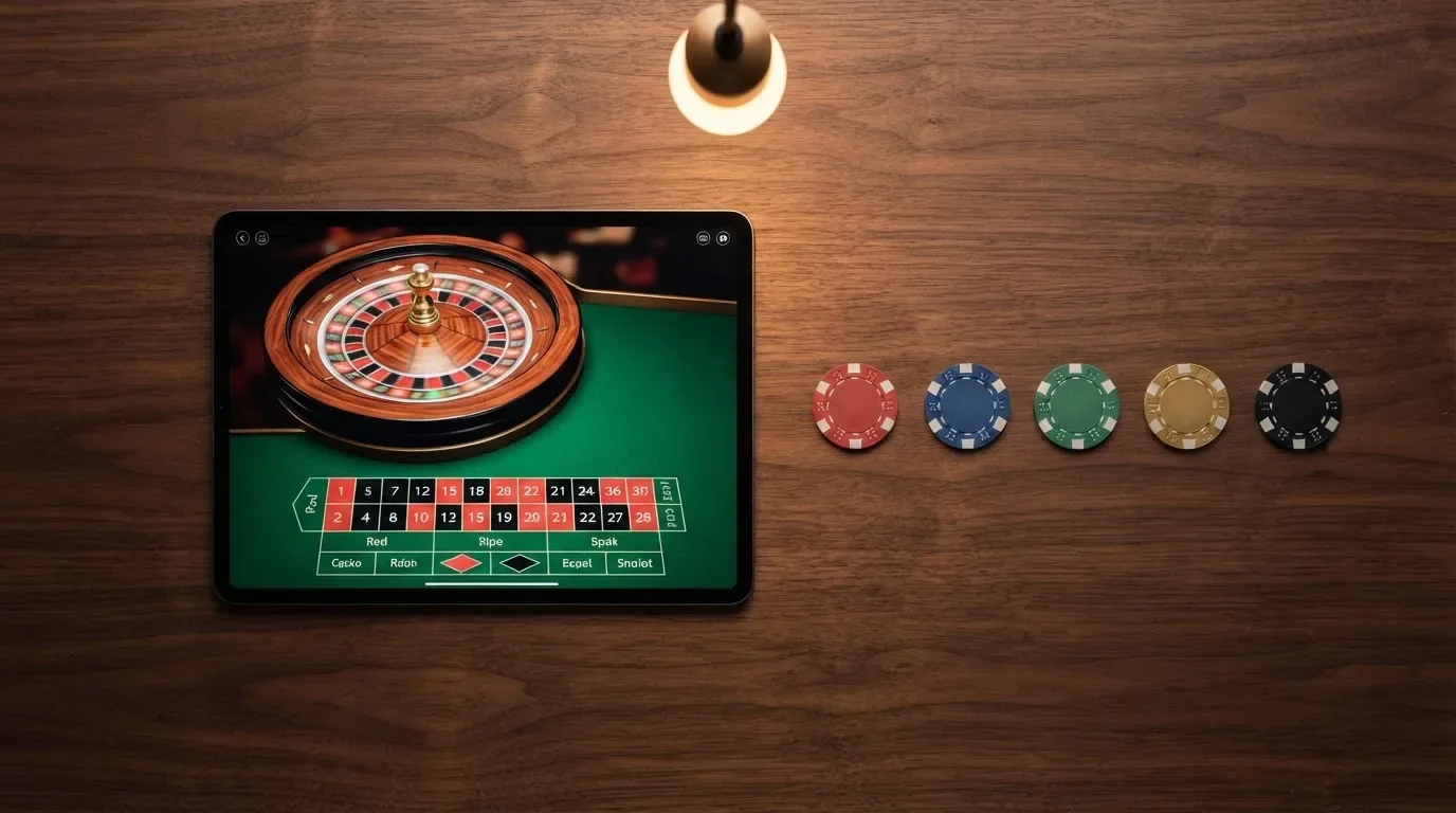 Vista cenital de un escritorio con varios dispositivos mostrando fichas de casinos españoles ordenadas