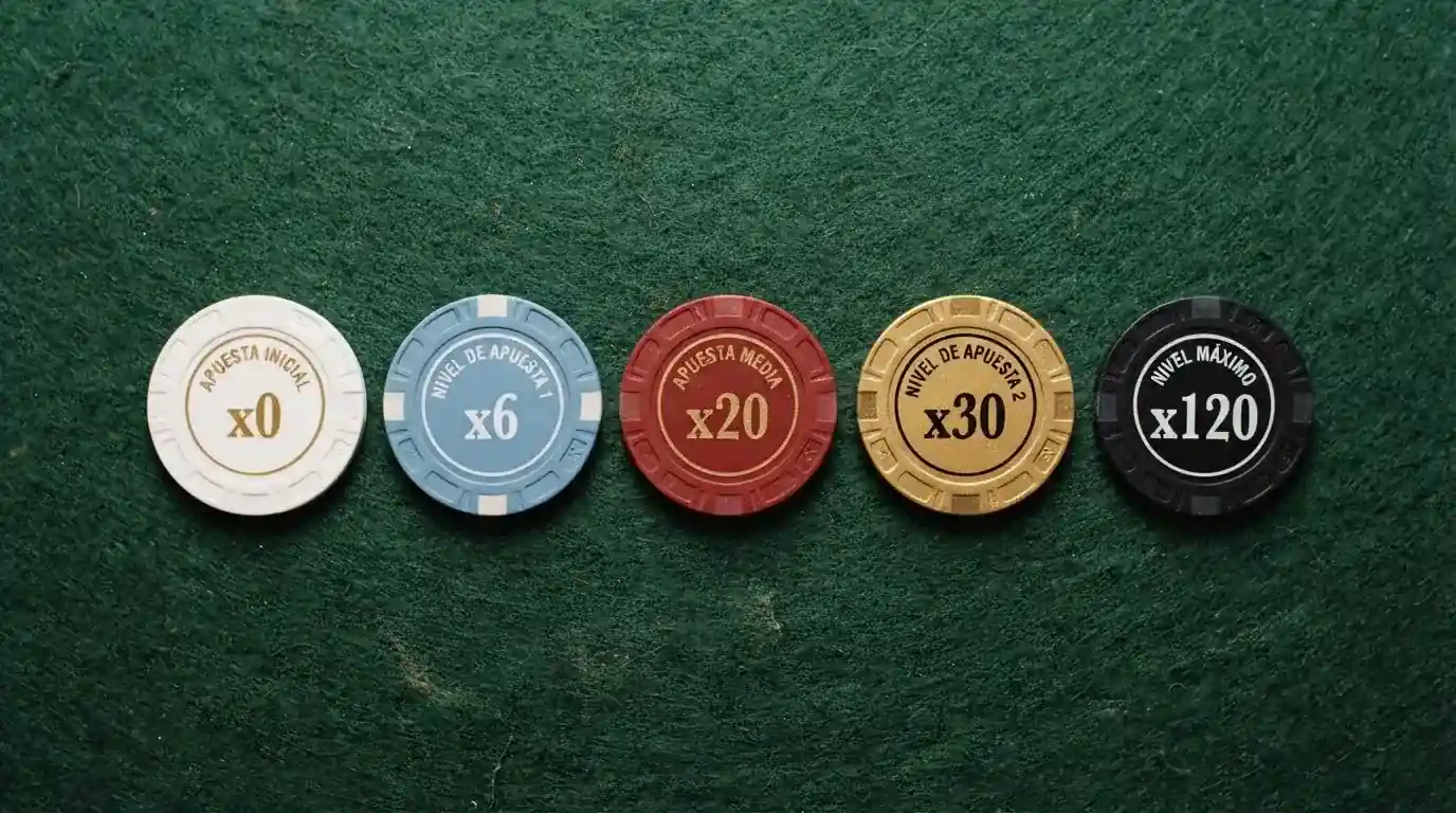 Primer plano de una tabla comparativa con fichas de casino sobre las columnas, cada ficha mostrando un multiplicador de rollover distinto: x0, x6, x20, x30, x120