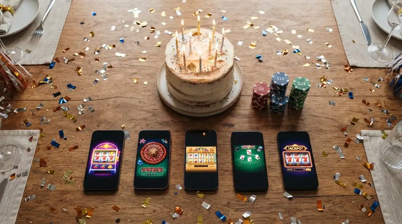 Una mesa con elementos de celebración — confeti, una tarta pequeña, fichas de casino — sobre la que descansan cinco teléfonos mostrando distintos logos de casinos españoles