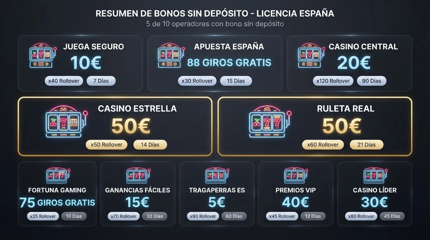 Tabla comparativa con los logotipos de los operadores destacados y sus condiciones de bono sin depósito en columnas