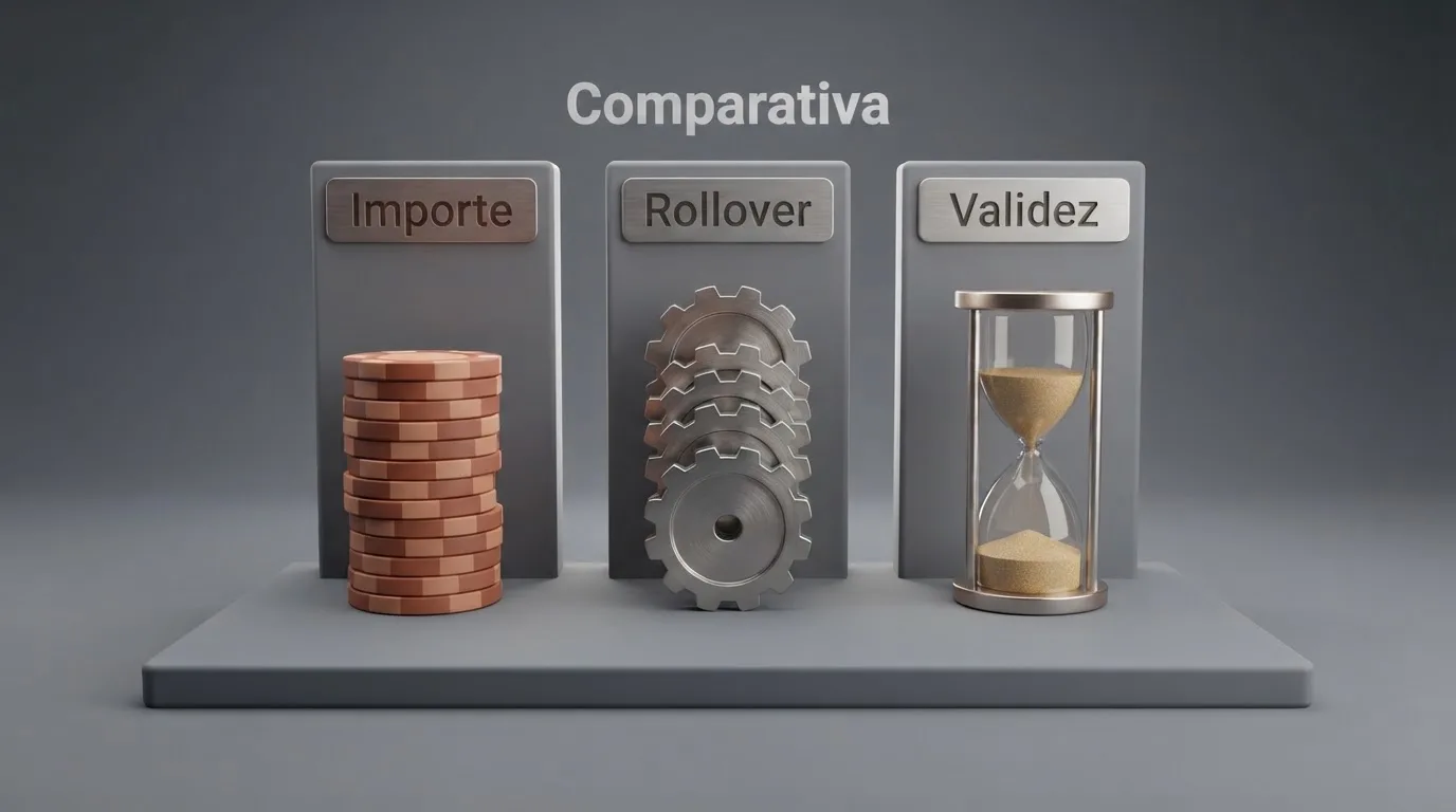 Representación gráfica de los términos clave de varios bonos sin depósito — importe, rollover, validez — dispuestos en columnas paralelas para su comparación visual.