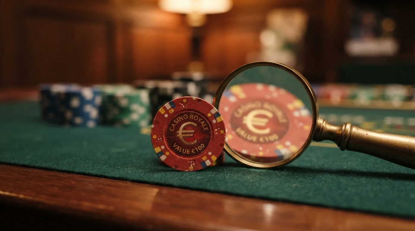 Diez tarjetas de casino alineadas sobre una mesa de juego, cada una mostrando su bono de bienvenida y el icono de una garra, con una lupa sobre la que destaca en primer plano