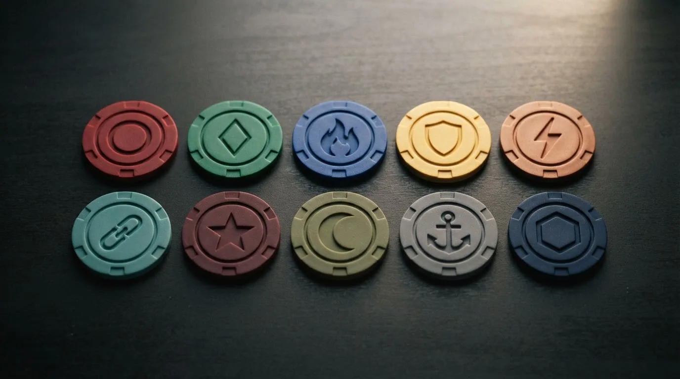 Una cuadrícula con diez fichas de casino mostrando logotipos estilizados y distintos colores, cada una con un icono de criptomoneda diferente