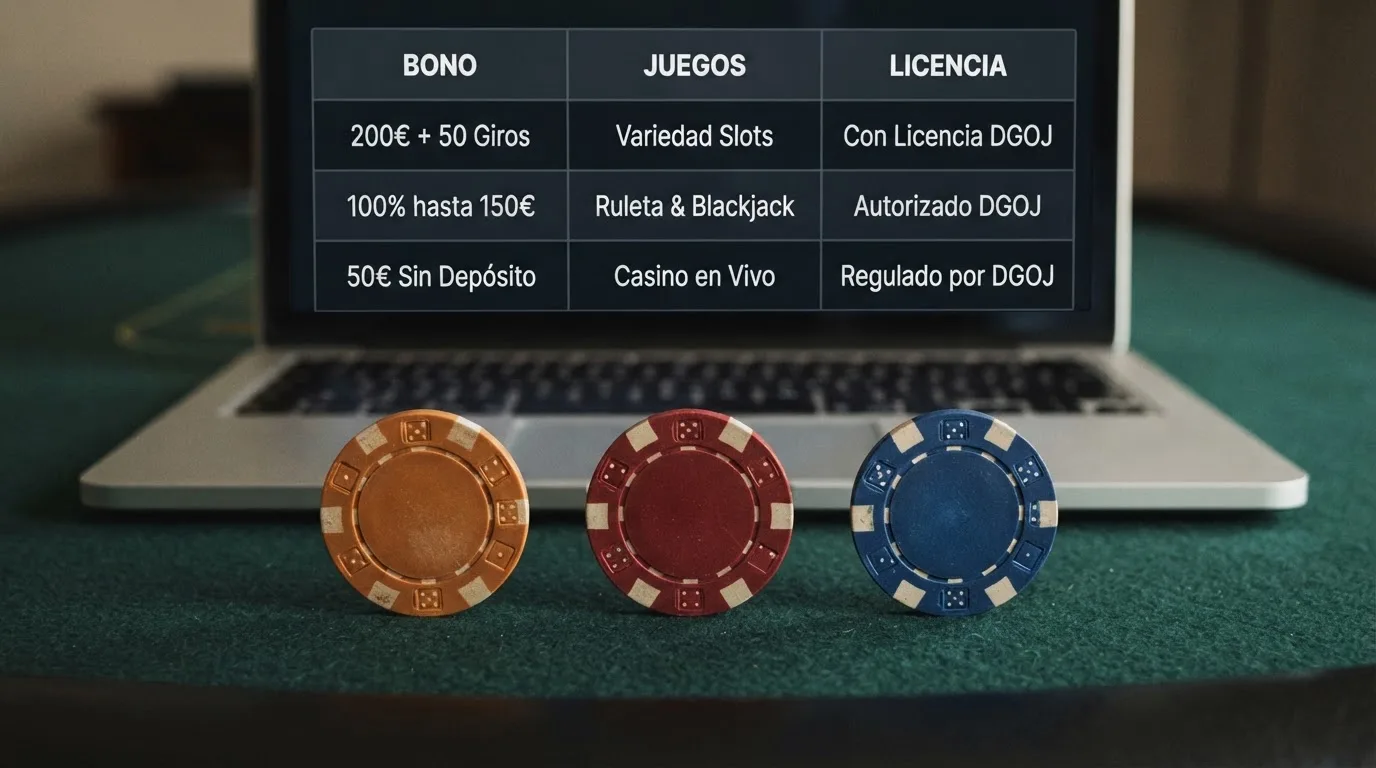 Una pantalla dividida mostrando los logotipos de los tres casinos DGOJ que confirman Neosurf alineados frente a una tabla comparativa con columnas de bono, juegos y licencia.