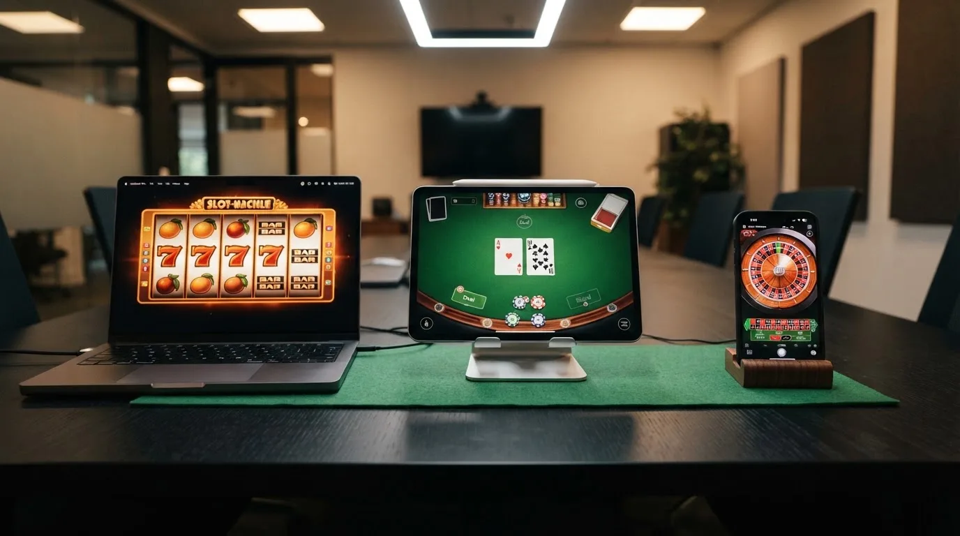 Varias pantallas de casino online alineadas mostrando diferentes interfaces de juego, sin logotipos reales, con elementos visuales que sugieran comparación