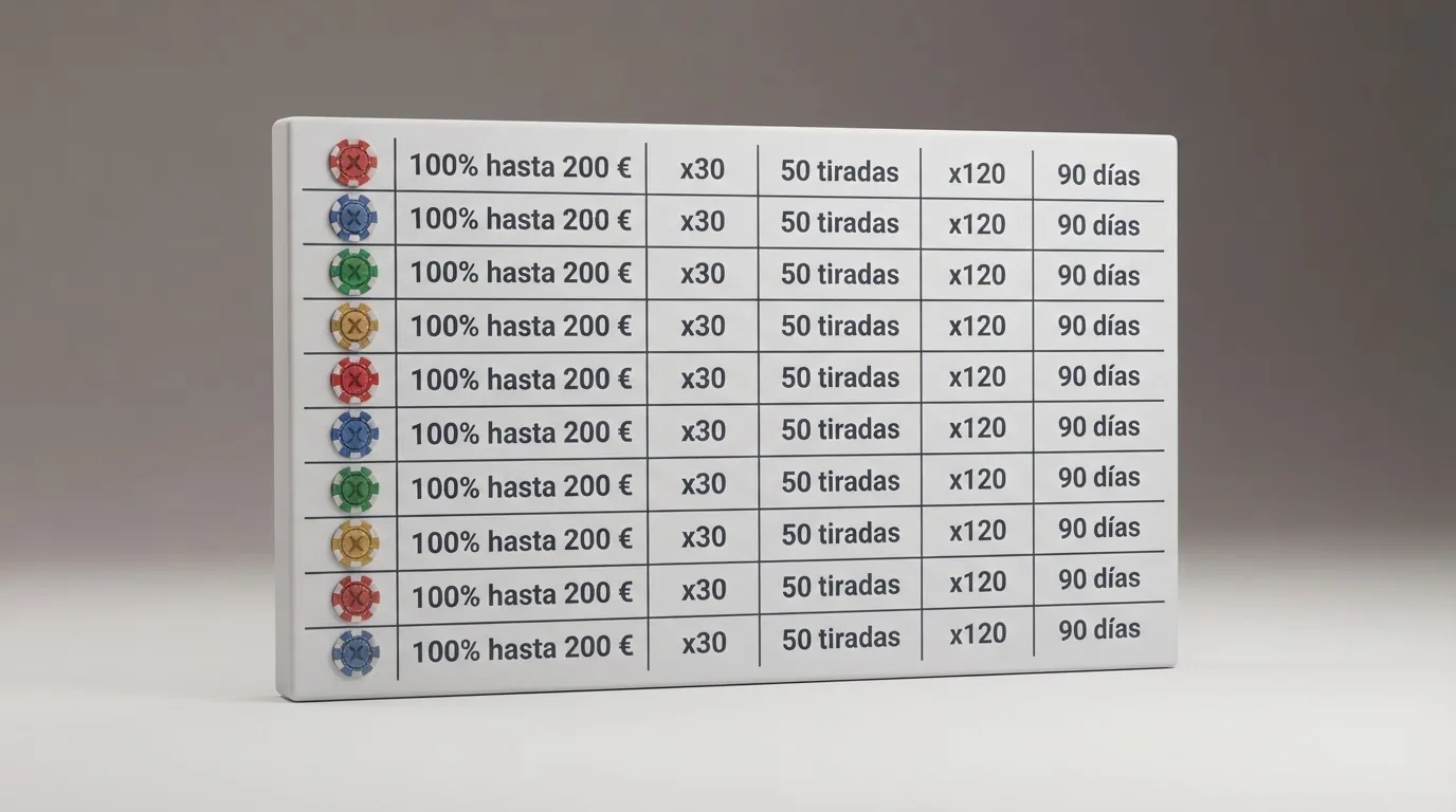 Tabla con los logotipos de los operadores con licencia DGOJ analizados, ordenados por condiciones de bono y rollover
