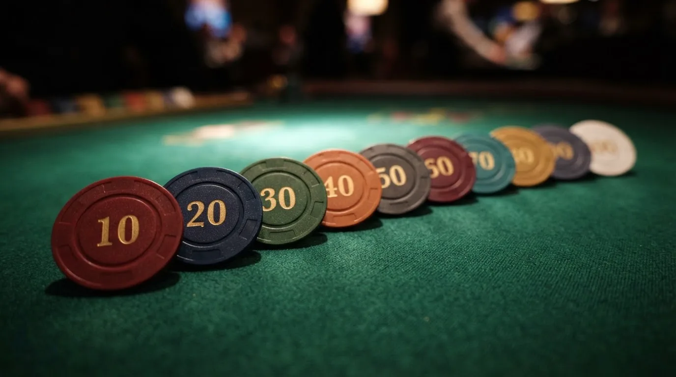 Varias fichas de casino dispuestas en fila, cada una con el logotipo de un operador DGOJ distinto y una cifra de tiradas gratis diferente, sobre un tapete verde.