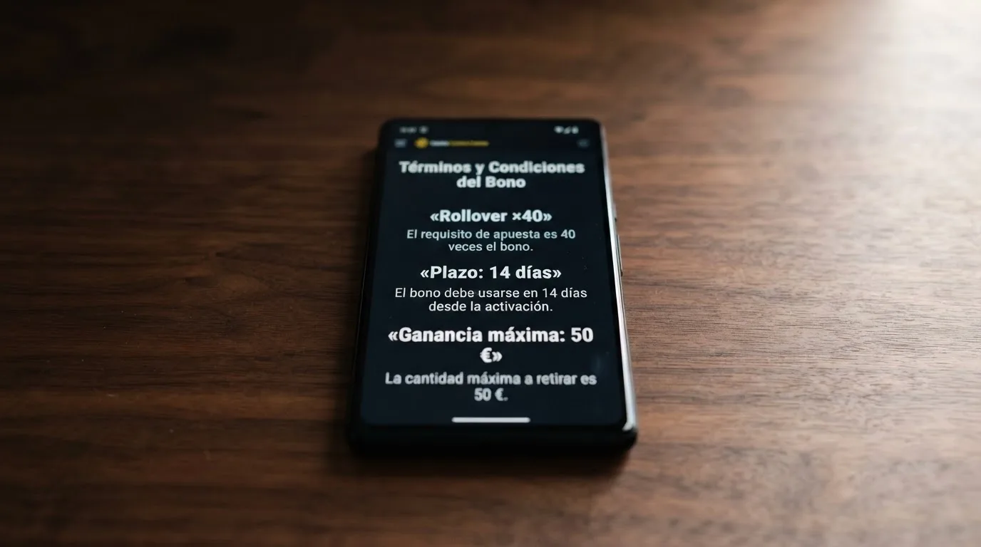 Primer plano de una pantalla con los términos de un bono sin depósito: rollover, plazo y ganancia máxima