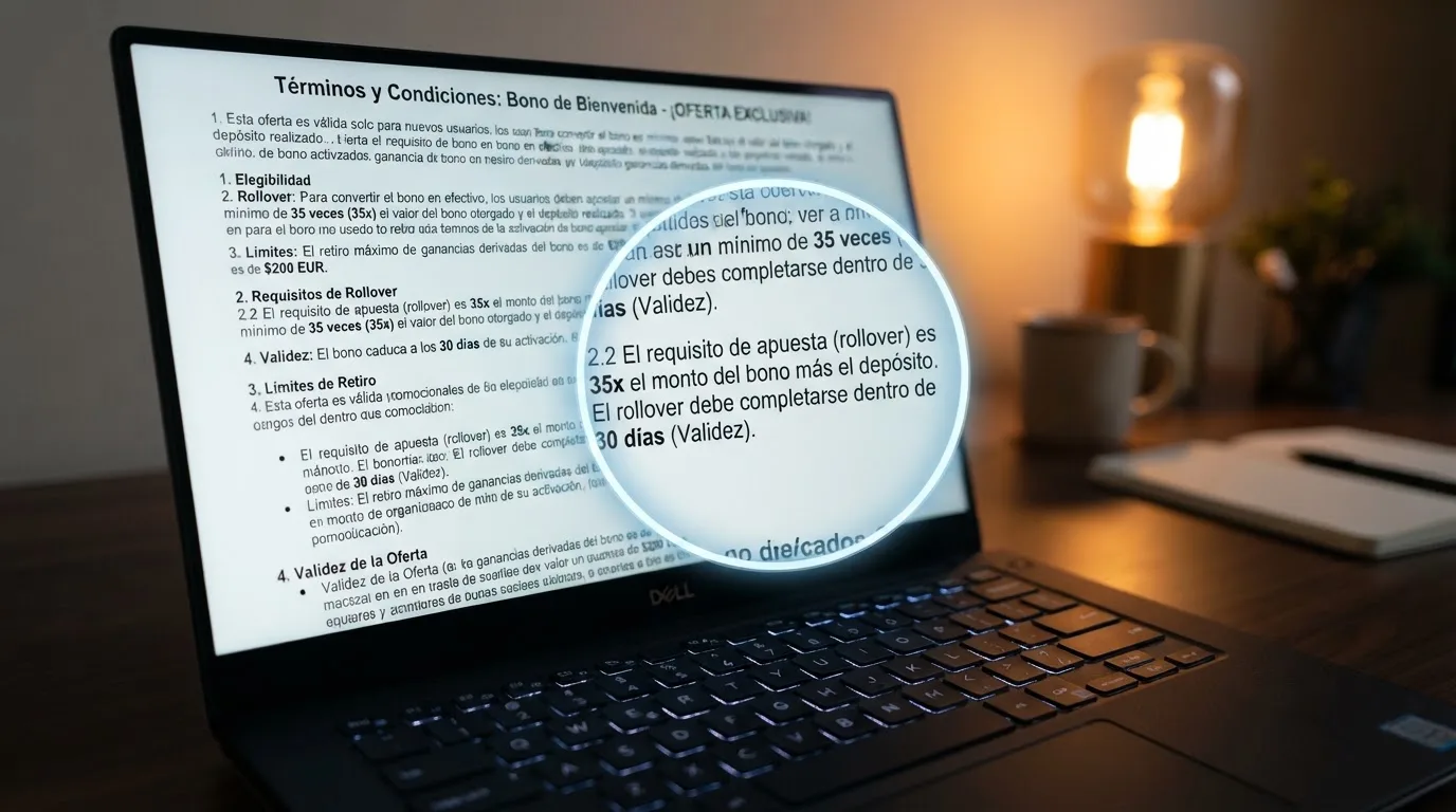 Primer plano de los térmnos y condiciones de un bono de casino en pantalla, con una lupa digital sobre la letra pequeña