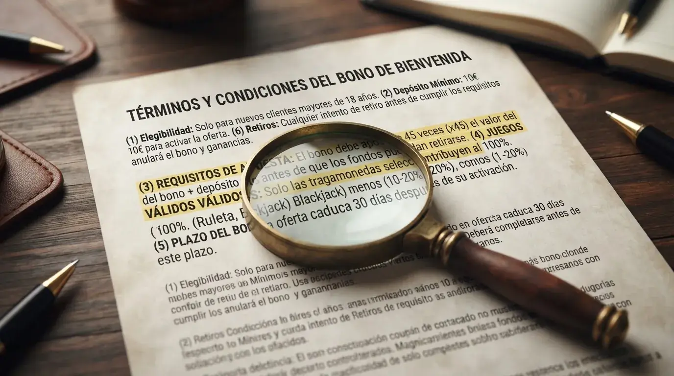 Un primer plano de un documento con los términos de un bono, con una lupa sobre las líneas de rollover, tope de ganancia y plazo de caducidad