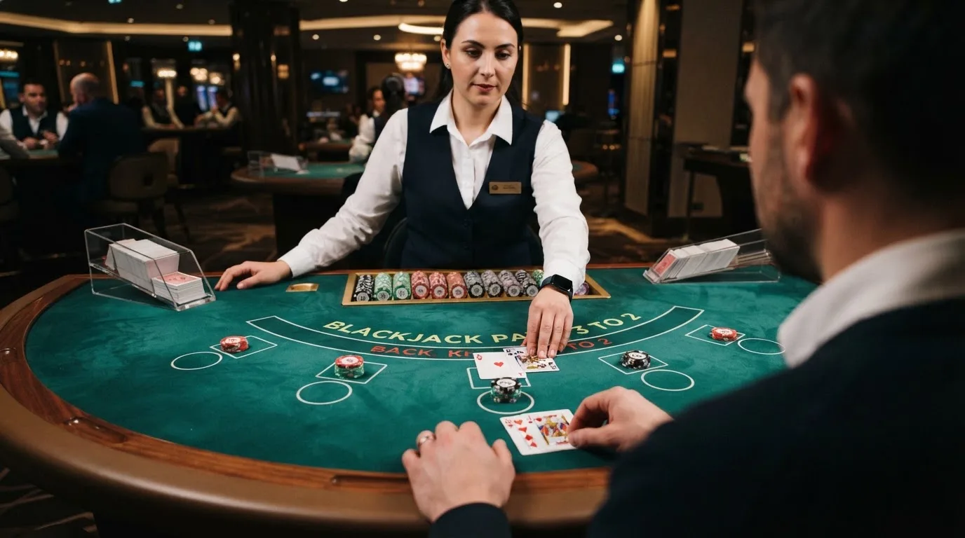 Crupier profesional de Evolution Gaming repartiendo cartas en una mesa de blackjack en vivo vista desde múltiples ángulos de cámara
