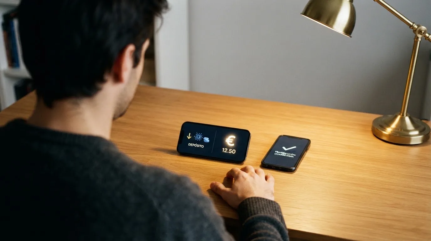 Pantalla dividida: a la izquierda, la interfaz de envío de ADA desde una wallet; a la derecha, el saldo acreditado en la cuenta del casino con el tiempo de confirmación