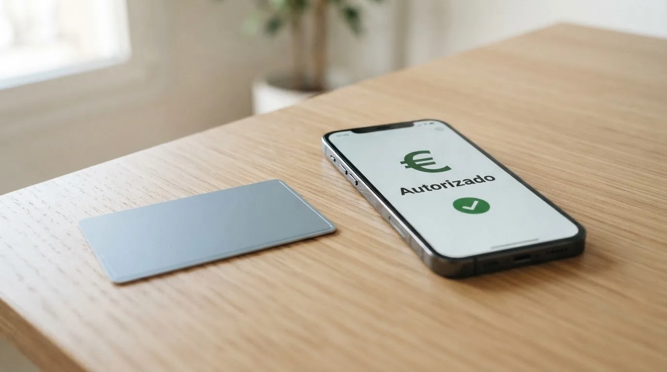 Una tarjeta Visa de CaixaBank sobre la pantalla de un móvil con la app CaixaBank Pay abierta, mostrando una notificación de depósito autorizado