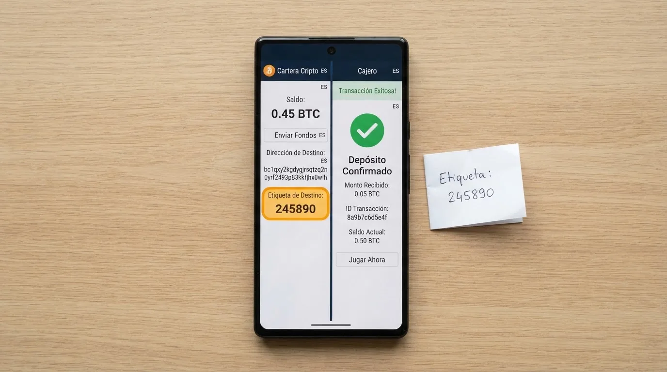 Pantalla dividida: a la izquierda, un monedero de cripto con una dirección XRP y un destination tag resaltado; a la derecha, el cajero de un casino online mostrando el depósito confirmado